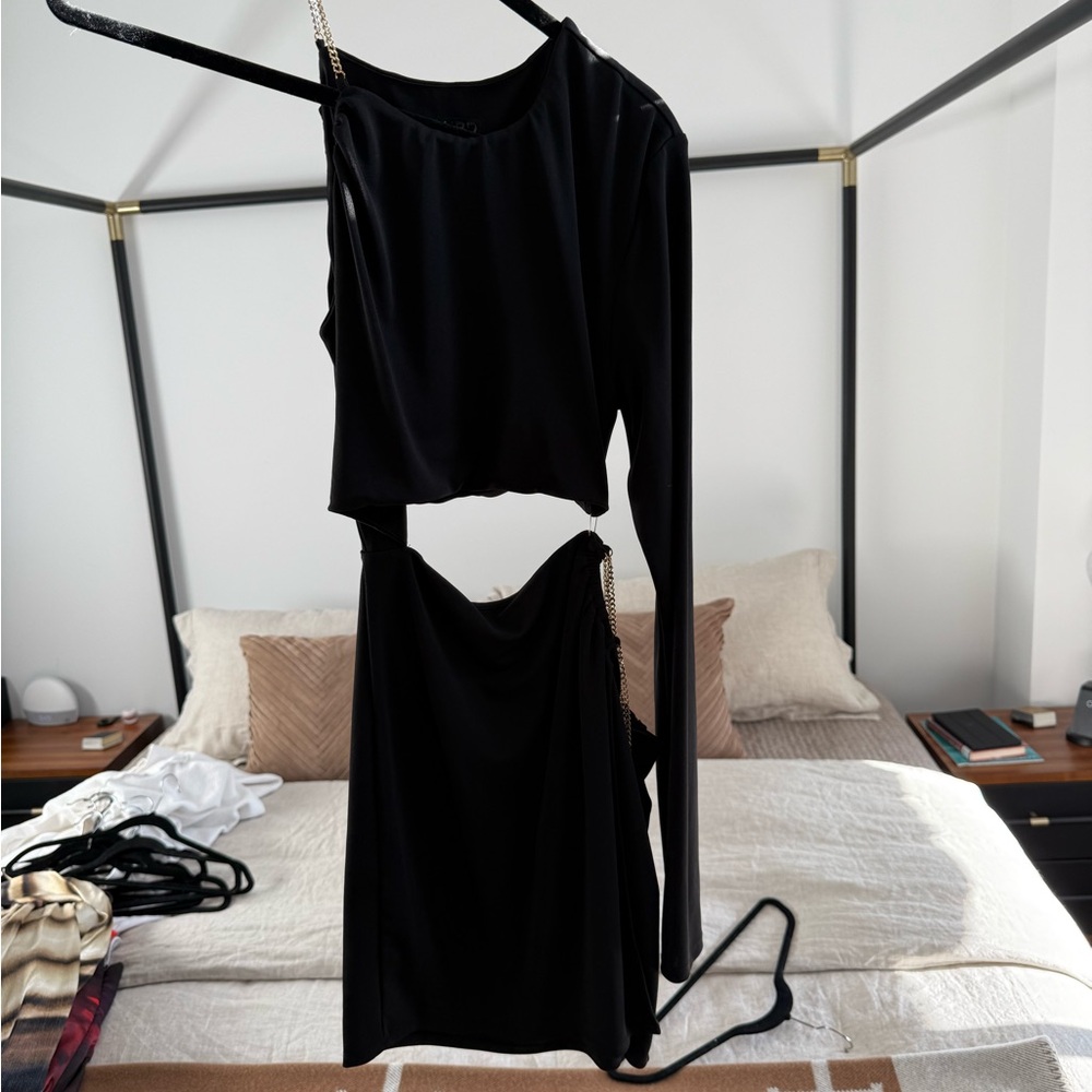 NBD Black One Shoulder Cut Out Bodycon Dress with Chains
